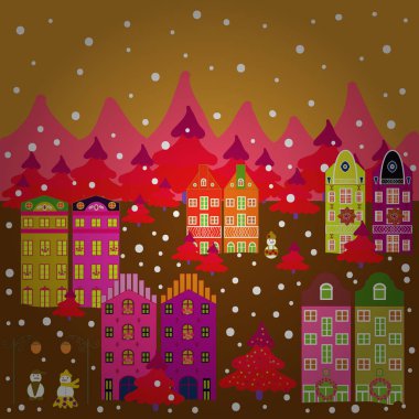 Vektör ve vahşi orman hayat ile mountans ile. Sarı, kahverengi ve pembe renkler hayal et. Vektör çizim. Yazdırılabilir ve kağıt ambalaj olarak kullanılan, kroki, tekstil, kumaş, vb.