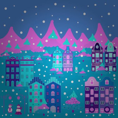 Vektör desen çeşitli karikatür evleriyle. Christmas illüstrasyon mavi, pembe ve mor renkler. Vektör çizim.