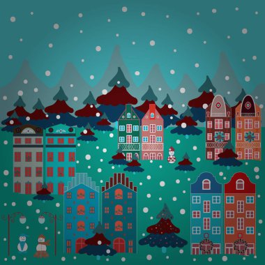 House, ağaçlar ve dağlar mavi, yeşil ve kırmızı renkler üzerinde çizilmiş vektör soyut İskandinav grafik illüstrasyon ver. Nordic doğa manzara kavramı. Tekstil, kreş kroki için mükemmel.