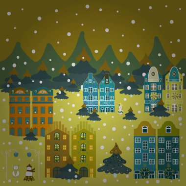 Bir ülke'nın evinde düz bir stil. Elementson yeşil, sarı ve mavi renklerde arka plan. Vektör çizim.