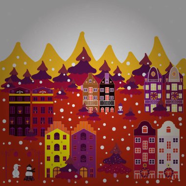 Vektör çizim. Yeni Yılınız Kutlu Olsun. House ile neşeli Noel kartı. Christmas illüstrasyon tarafsız, kırmızı ve mor renkler.