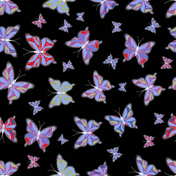 Абстрактный Фон Черном Фиолетовом Синем Цветах Нарисованными Вручную Бабочками Декоративная — стоковый вектор