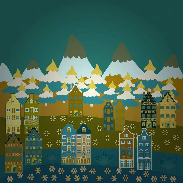 Ilustración Vectorial Doodle Alberga Fondo Vectorial Bonitos Edificios Colores Azul — Vector de stock