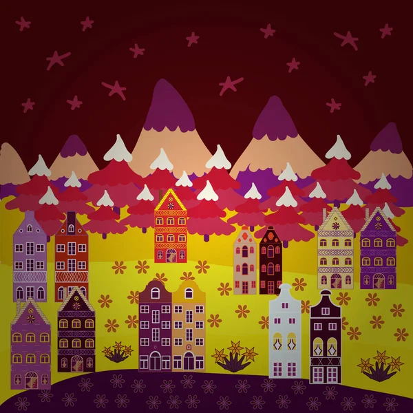 Christmas illustration on red, yellow and purple colors. Winter. Lonely house on a hill. Mountain landscape. Cloudy winter landscape. Vector.