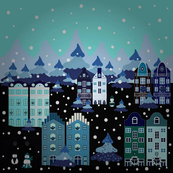 Postal Colores Azul Negro Neutro Ilustración Inusual Navidad Increíble Casa — Vector de stock
