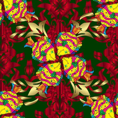 Kırmızı, mavi ve sarı renkler üzerinde balıklar. Vektör çizim. Yüzme sualtı illüstrasyon renkli balık ile sorunsuz sahne.