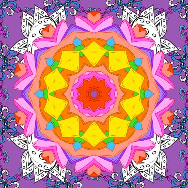 Bohem dekoratif unsur, Hint, retro daire süsleme mor, turuncu ve pembe. Mandala renkli, aşiret antika arka plan ile bir madalyon. Tibet yoga için sanat çiçek desenle.
