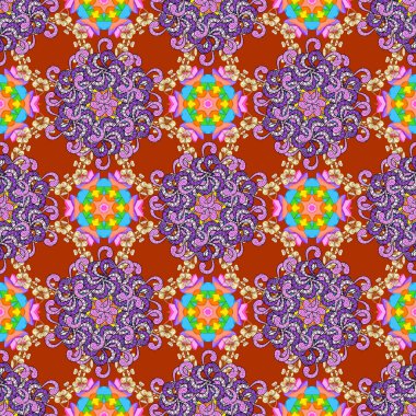 Çiçek elemanları ile sorunsuz zarif vektör doku. Doodles'ın turuncu, pembe ve mor renkler.