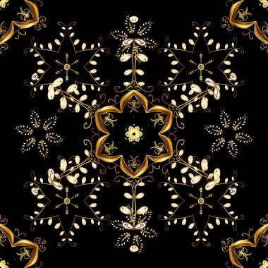 Damasko Dikişsiz desen tasarımı için. Siyah, kahverengi ve sarı renkler altın elemanları ile vektör seamless modeli.