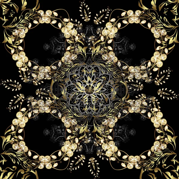 Damask Background Golden Floral Seamless Pattern Golden Element Black Gray — Stock Vector