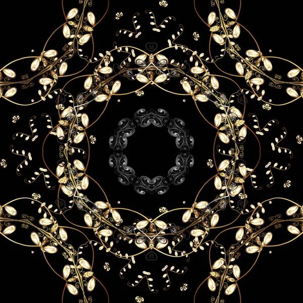 Векторний Абстрактний Квітковий Вінок Золотого Каракулевого Фентезійного Листя Квітки Чорному — стоковий вектор