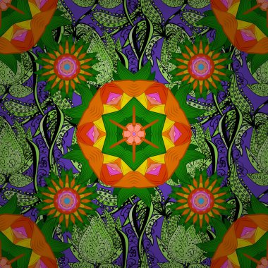 Sorunsuz çiçek desenli vektör çizim içinde. Sulu boya tarzı yeşil, turuncu ve siyah renklerde çiçekler.