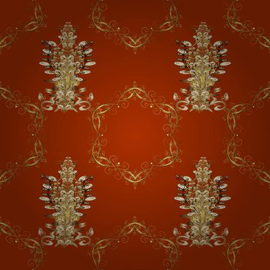 Damasko arka plan. Turuncu, kahverengi ve bej renkler altın öğesinde. Altın çiçek süsleme barok tarzı. Altın çiçek seamless modeli.