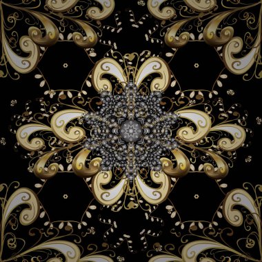 Dikişsiz desen şark süsleme. Siyah, bej ve kahverengi renkleri altın elemanları ile altın izi. İslam tasarım. Vektör altın tekstil baskı. Çiçek fayans.