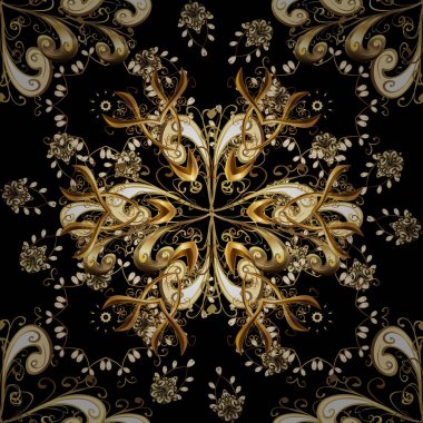 Siyah, kahverengi ve bej renkler desen. Vektör altın mehndi seamless modeli. Kına dövme, altın çıkartmalar, mehndi ve yoga tasarım, kartları ve baskı ile süs çiçek öğeleri.