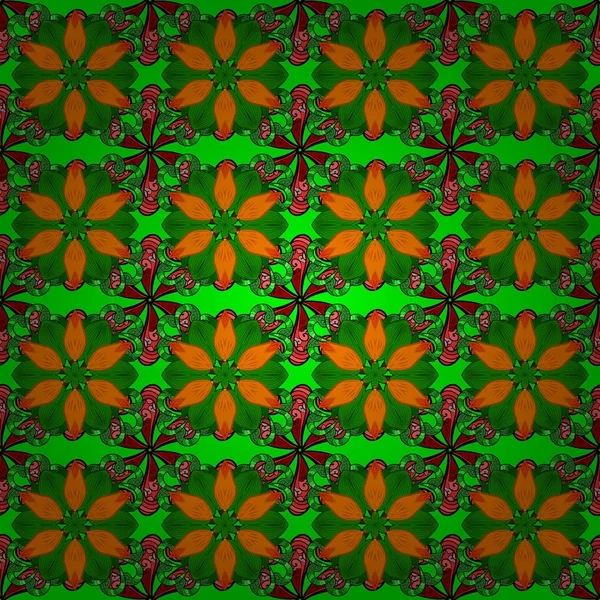 Vector Seamless Pattern Print Fashionable Fabric Pattern Doodles Green Orange — Stock Vector