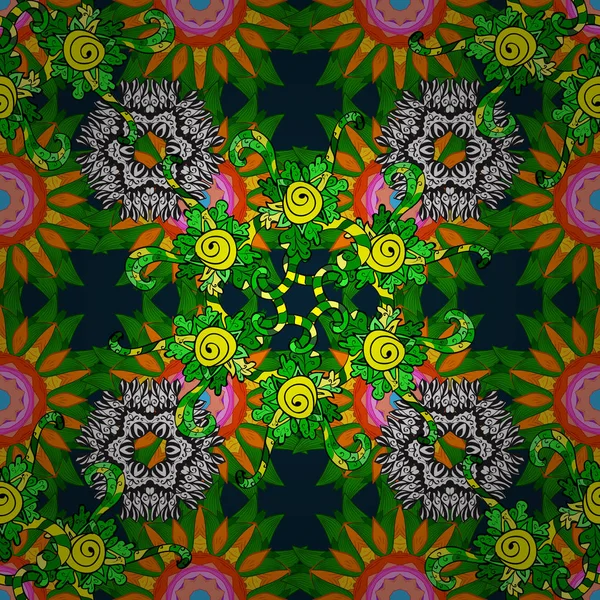 Patrón Abstracto Vectorial Mandala Dibujado Mano Color Verde Naranja Azul — Archivo Imágenes Vectoriales