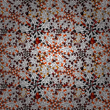 Dikişsiz desen zarif dekoratif süsleme moda için baskı, karalama defteri, ambalaj kağıdı, kroki. Görüntülerde renkler beyaz, siyah ve turuncu vektör çizim.