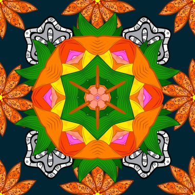 Çiçek Mandala seamless modeli. Vektör etnik Oriental daire süsleme. Islam, Arapça, Indian, Osmanlı motifleri turuncu, mavi ve yeşil renkler.