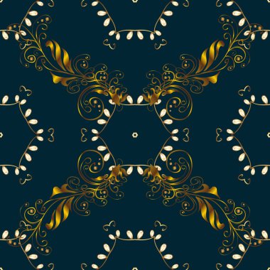 Mavi, kahverengi ve sarı renkleri altın elemanları ile. Vektör çizim. Vektör altın desen. Sorunsuz altın dokulu bukleler. Oryantal tarzı arabesk.