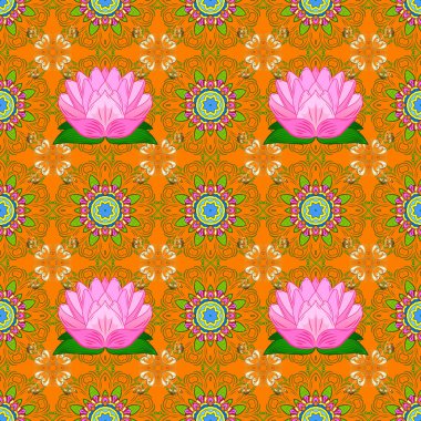 Çiçek Dikişsiz desen arka plan. Turuncu, yeşil ve pembe renk çiçekler. Çiçek boyama vektör t shirt baskı için.