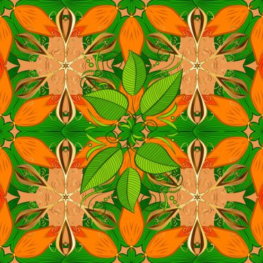 Elle çizilmiş Eskizler yaprakları doodle arka plan. Turuncu, yeşil ve kahverengi renkleri yapraklarda. Sorunsuz vektör çizim.