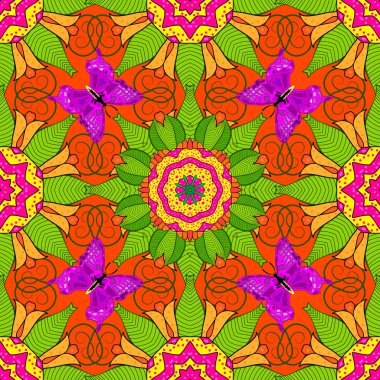 Soyut etnik vektör seamless modeli. Çiçekler vadi yeşil, turuncu ve sarı renkler. Çiçekler.