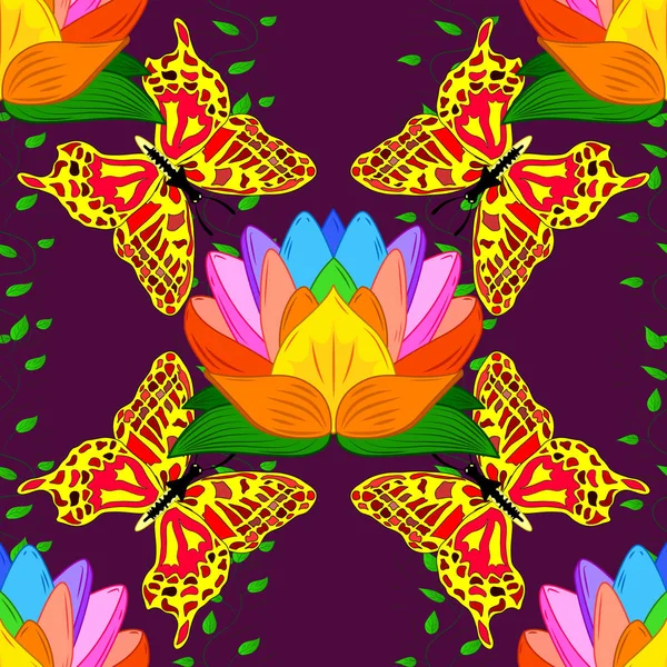 Vektorillustration Asiatischen Textilstil Nahtlose Blumenmuster Vektorillustration Blüten Violetten Gelben Und — Stockvektor