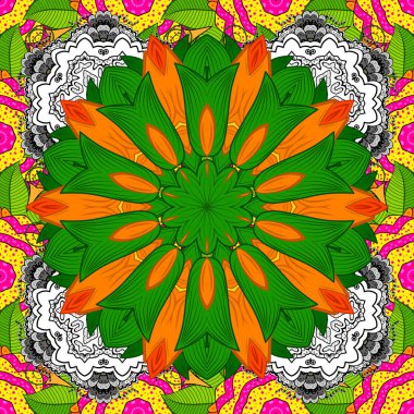 Yaz Dikişsiz desen stilize çiçeklerle. Vektör süslü zentangle sorunsuz doku, desen soyut çiçek mandalalar yeşil, turuncu ve beyaz renkler ile. Kroki, web sayfası için kullanılabilir.