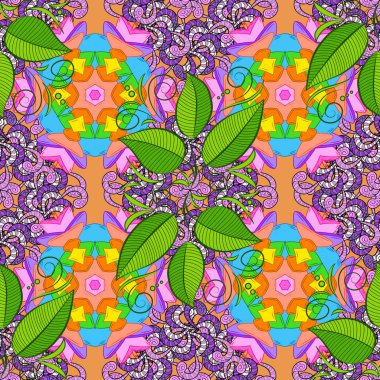 Vektör soyut desen. Yeşil, turuncu ve pembe renkler renkli mandala çizilmiş.