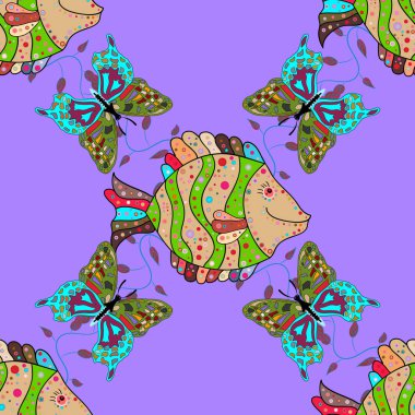 Violet, bej ve yeşil üzerinde vektör balıklar. Sorunsuz. Komik karikatür renkli balıklar.