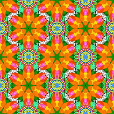 Şark, simetri dantel, meditasyon sembolü. Vektör Mandala turuncu, yeşil ve sarı renkler renkli. Arapça Vintage Dekoratif süsleme. Doğu, Islam, Tay dili, Hint, Osmanlı motifleri. Mandala desen.