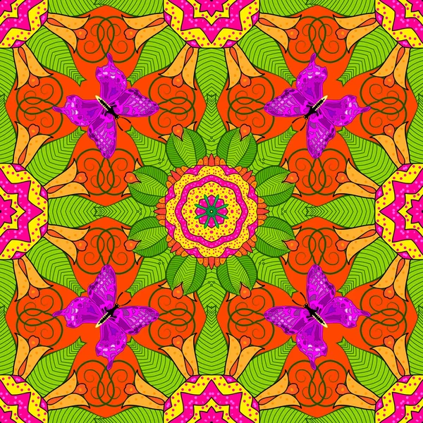 Soyut etnik vektör seamless modeli. Çiçekler vadi yeşil, turuncu ve sarı renkler. Çiçekler.
