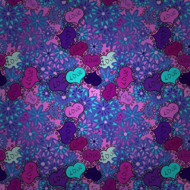 Vektör. Web, tekstil, kumaş sanat. El illüstrasyon karikatür tarzında çekilmiş. Grafik mavi, mor, pembe renkler. Şirin yazı hat metin ve kalpler, zarf ile kesintisiz aşk kalıbı.