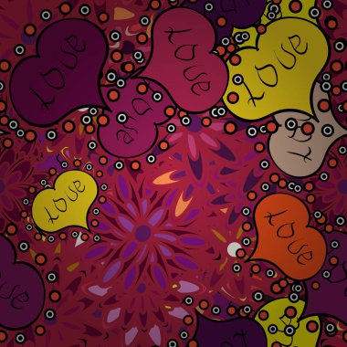 Tasarlanmış kroki kalp seviyor. Grafik kalpleri üzerinde kırmızı, mor ve siyah renkleri seviyorum. Vektör çizim. Dikişsiz desen Kalp Sevgililer kartı sevgi kalpleri. Çift Romantik aşk kalp.