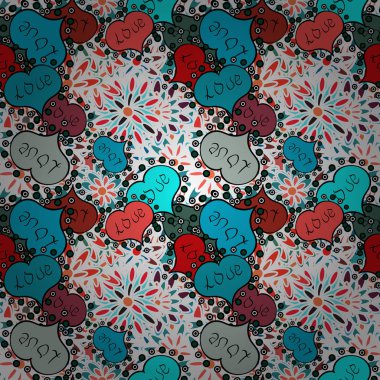 Aşkımız büyülüdür. Çizgi film kalpleri sevgi sevimli arka plan üzerinde tarafsız, mavi ve siyah renkler. Kesintisiz aşk desen yürekleri. Vektör çizim.