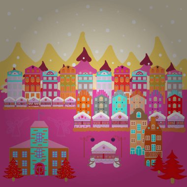 Vektör çizim. Vektör desen çeşitli karikatür evleriyle. Christmas illüstrasyon bej, pembe ve sarı renkler.