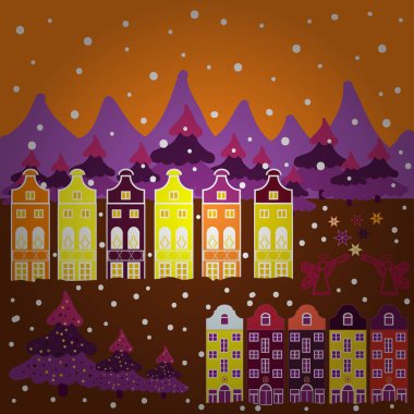 Olağandışı christmas illüstrasyon kartpostalda turuncu, kahverengi ve mor renkler. Vektör çizim. Peri ev şaşırtıcı büyülü ormanda Noel'de dekore edilmiş olan.