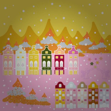 Resimde sarı, nötr ve turuncu renkler. Vektör çizim. Desen evleri.