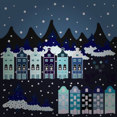 Christmas illüstrasyon mavi, gri ve nötr renkler. Dağ manzarası. Bulutlu kış manzarası. Vektör. Kış. Bir tepe üzerinde yalnız ev.