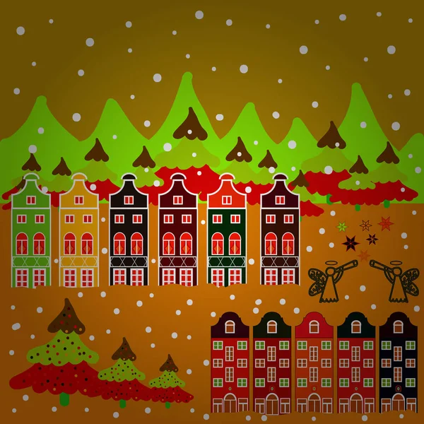 向量例证 涂鸦房屋向量背景 橙色和绿色的漂亮建筑 — 图库矢量图片