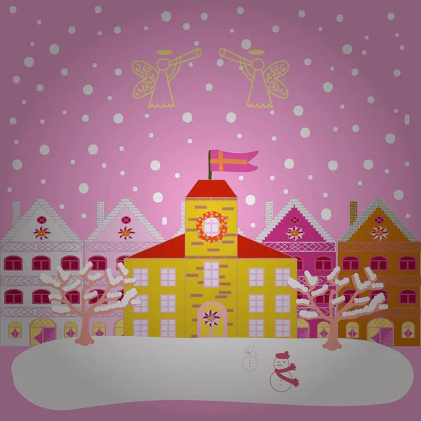 粉红色 白色和黄色的插图 向量例证 五颜六色的房子在花哨的风景 — 图库矢量图片
