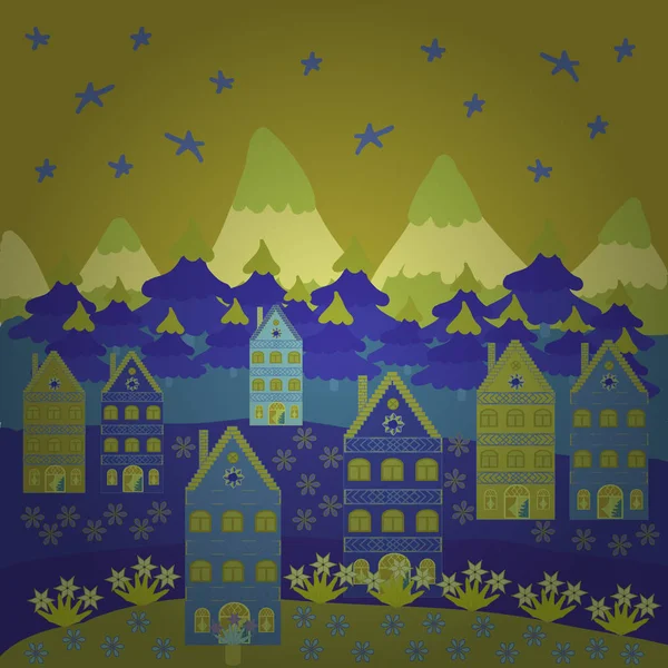 Feliz Tarjeta Navidad Con Casa Lindos Edificios Colores Amarillo Azul — Vector de stock