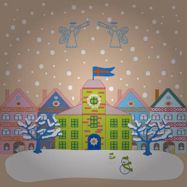 Godt Nytår Glædeligt Julekort Med Hus Vektorillustration Jul Illustration Beige – Stock-vektor
