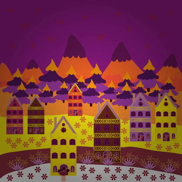 Comunidad Rural Colores Púrpura Amarillo Naranja Colorido Paisaje Aire Libre — Vector de stock