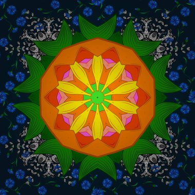 Etnik süs Mavi, yeşil ve turuncu renkler. Sihirli vintage şablon tebrik /. Arap, Hint, Türk ve Osmanlı dekorasyon tarzı kültür. Mandala Dikişsiz desen renkli el çizilmiş vektör.