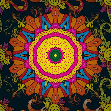 Logo, oyun, kapağı için kart tasarımı. Vektör kutsal geometri yuvarlak mavi, sarı ve turuncu renkler üzerinde parlayan yıldız simgesiyle renkli.