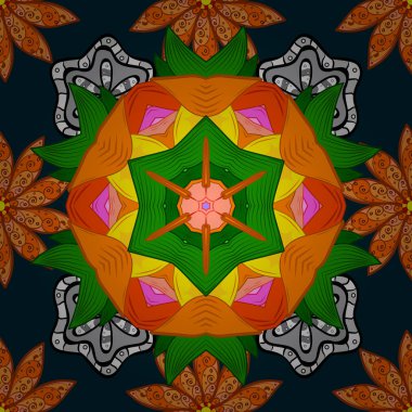 Davetiye, düğün kartı, scrapbooking. Dekoratif süslü yuvarlak mandala. Turuncu, mavi ve yeşil renkli. Vintage vektör desen. Renkli çıkartmalar, sihirli sembolü mehndi ve yoga tasarım, boho.