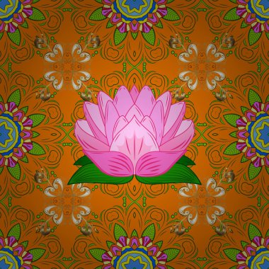 Düz çiçek öğeleri tasarım. Vektör çizim. Bahar Tema Dikişsiz desen arka plan rengi. Turuncu, yeşil ve pembe renkler üzerine zarif çiçekler Buket suluboya.