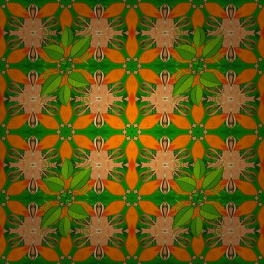 Bez şablonunda yazdırın. Vektör çizim. Orman desen. Palmiye yaprakları. Tropikal palmiye sorunsuz bırakır. Turuncu, yeşil ve kahverengi renkleri manifold yapraklarda.